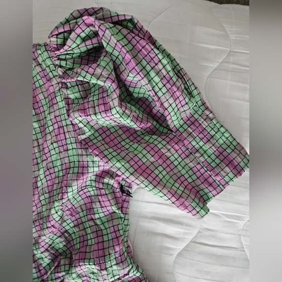ZARA Pink & Green Plaid Seersucker Puff Sleeve Midi Dress | SZ XS - Picture 7 of 15